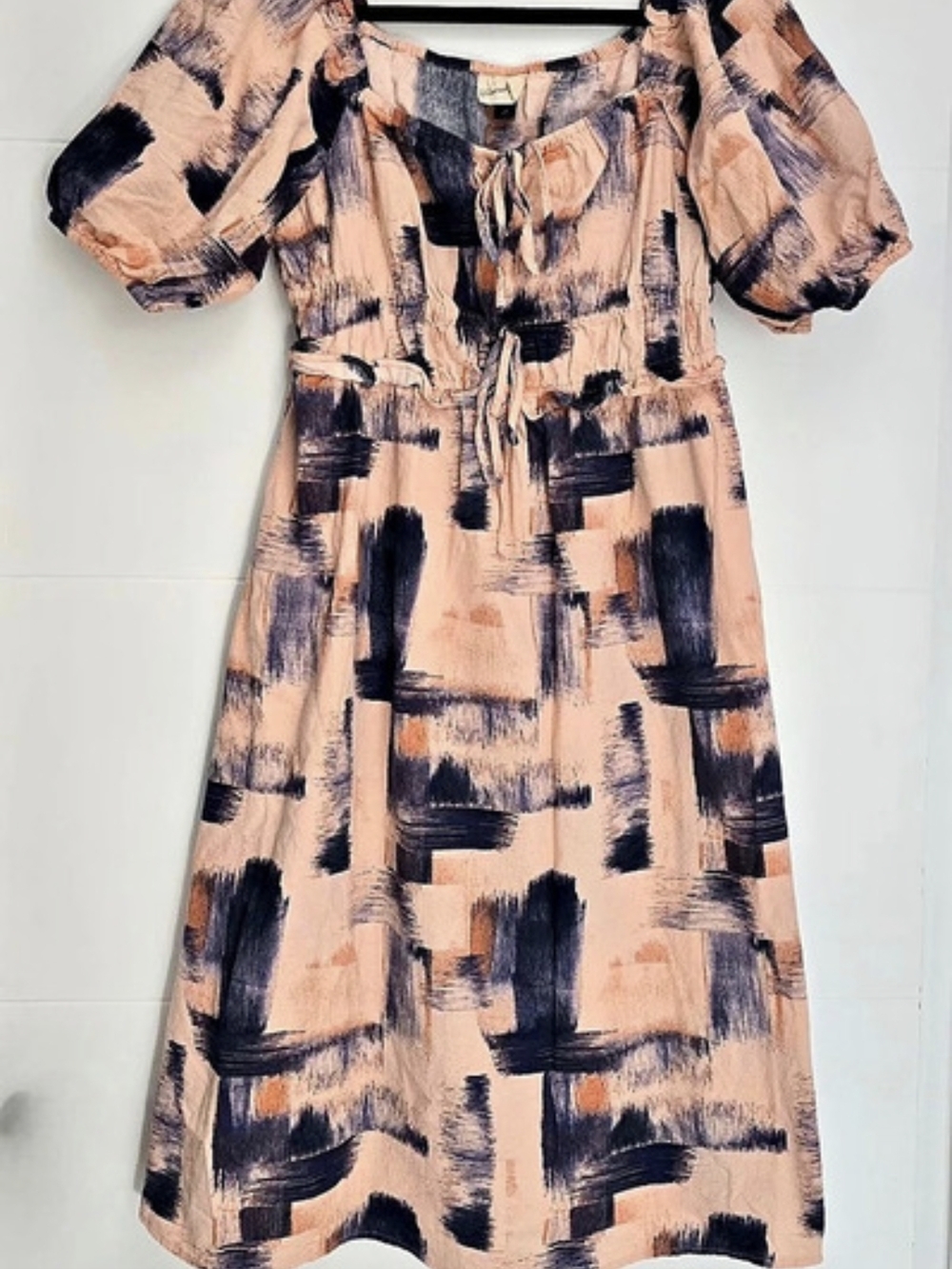 Universal Thread Abstract Brushstroke Puff Sleeve Cotton Dress Medium